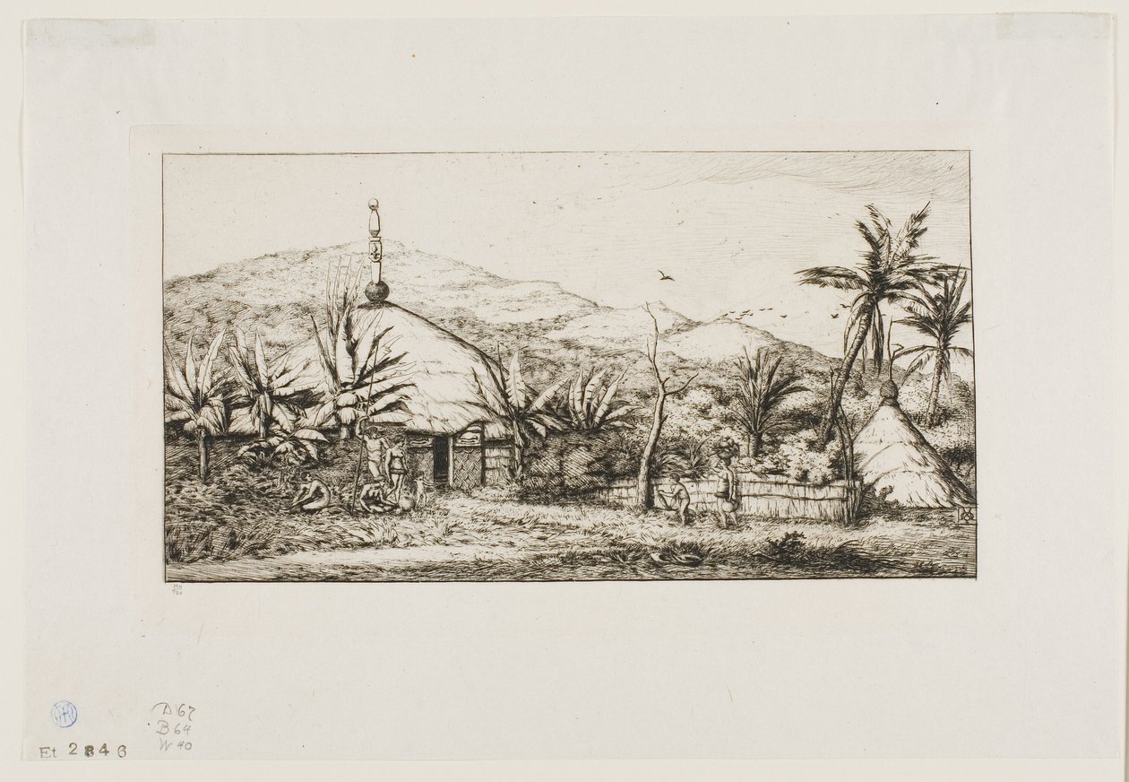 Új-Kaledónia: Nagy bennszülöttkunyhó a Balade-Puépo felé vezető úton, 1845 alkotó: Charles Meryon