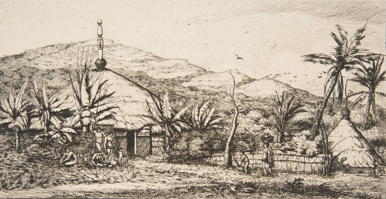 Új-Kaledónia: Nagy bennszülött kunyhó a Balade-Puebo felé vezető úton, 1845, 1863. alkotó: Charles Meryon