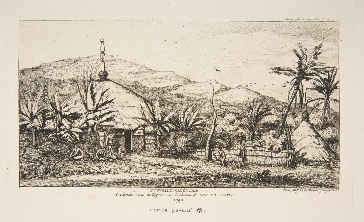 Új-Kaledónia: Nagy bennszülött kunyhó a Balade-ból Puebo felé vezető úton, 1845, az „Utazás Új-Zélandra (1842-46)” című műből alkotó: Charles Meryon