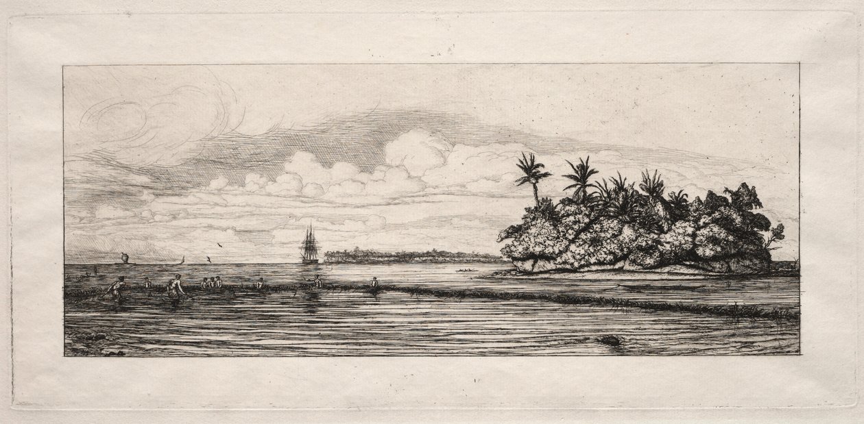 Óceánia: Halászat pálmákkal teli szigetek közelében az Uea vagy Wallis csoportban, 1863. alkotó: Charles Meryon