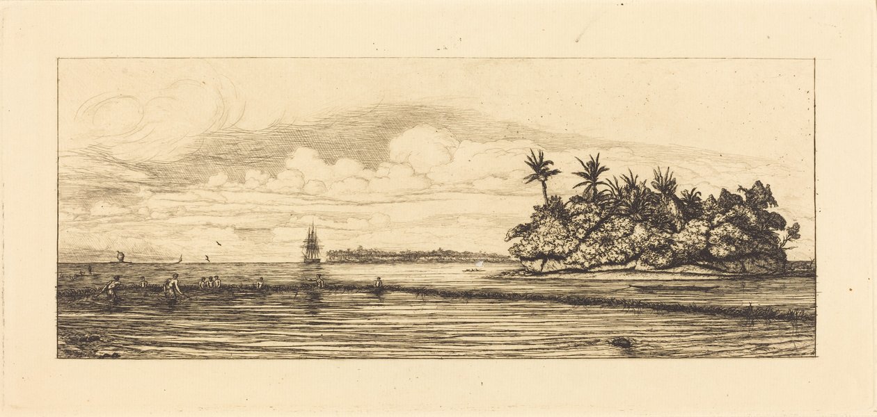 Óceánia, szigetek Uveánál (Wallis); Halászat pálmákkal, 1845 alkotó: Charles Meryon