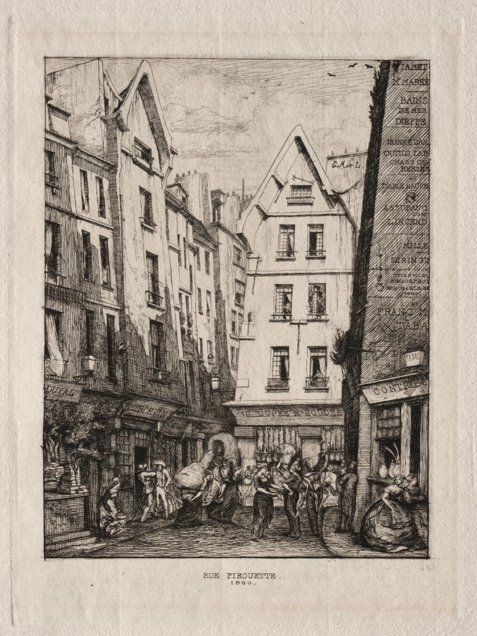Pirouette Street, a piacok közelében, Párizs, 1860. alkotó: Charles Meryon