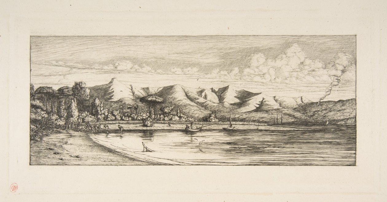 Banks-félsziget, Pointe des Charbonniers, Akaroa (szürke tőkehal-halászat a Colliers’ Pointnál, Akaroa, Banks-félsziget, 1845), „The Voyage to New Zealand (1842–46)” című műből alkotó: Charles Meryon