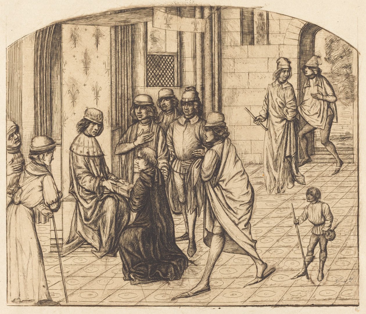 Valère Maxime bemutatása XI. Lajos királynak (Valerius Maximus nyomtatót bemutatják XI. Lajos királynak) alkotó: Charles Meryon