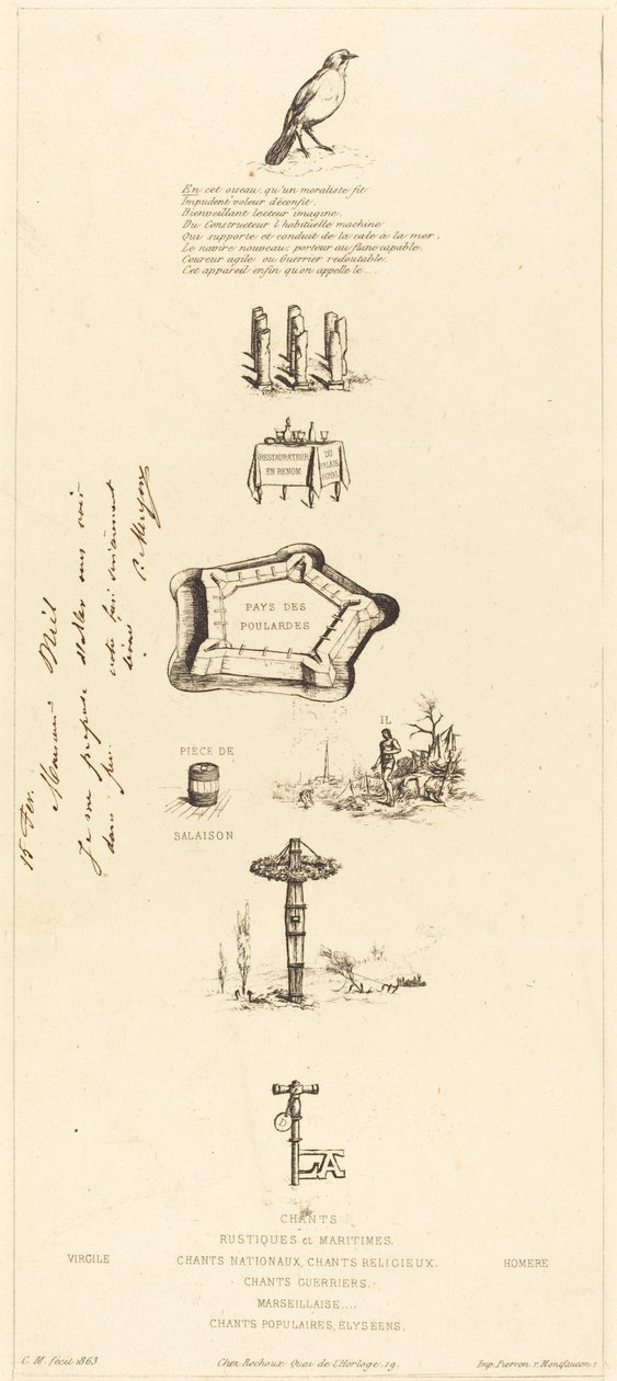 Rebus: "Beranger nem volt igazán erős, mert soha nem volt nála a mezők kulcsa" (Rebus: "Beranger nem volt igazán erős, mert soha nem volt nála a mezők kulcsa") alkotó: Charles Meryon