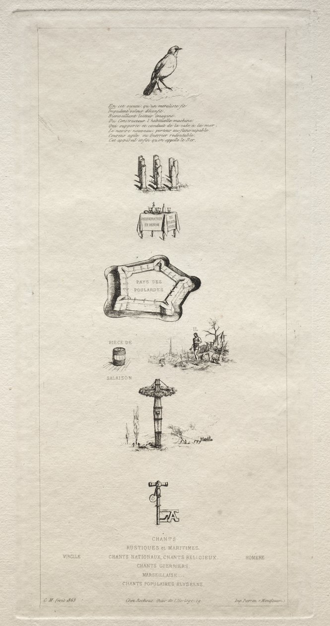 Rebus: Beranger nem volt igazán erős, mert soha nem volt nála a mezők kulcsa, 1863. alkotó: Charles Meryon