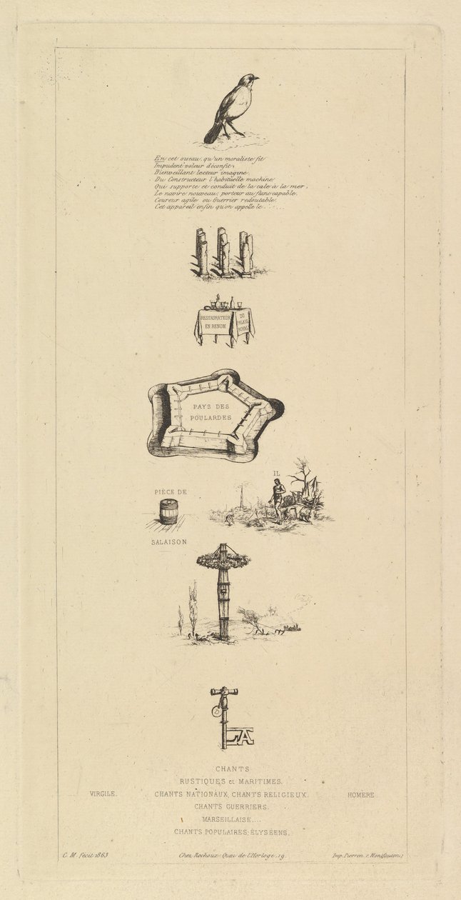 Rebus: Béranger nem volt igazán erős, mert soha nem volt nála a mezők kulcsa, 1863. alkotó: Charles Meryon