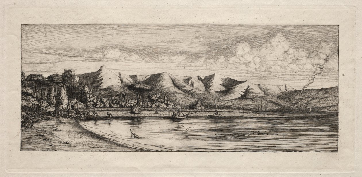 Seine Fishing a Charcoal Burners Pointnál, Akaroa, 1865. alkotó: Charles Meryon