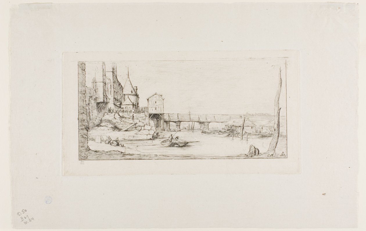 A gyaloghíd ideiglenesen felváltja a Pont-au-Change-ot, Párizs, az 1621-es tűzvész után alkotó: Charles Meryon