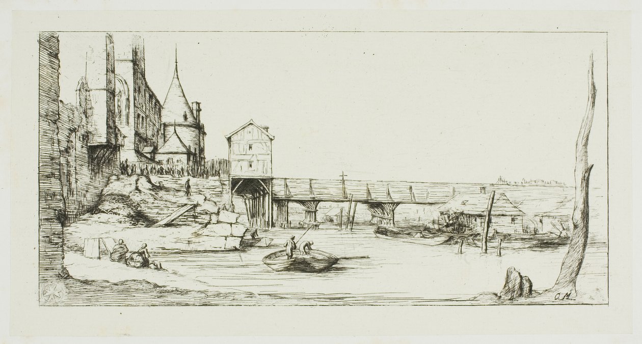 A gyaloghíd ideiglenesen felváltja a Pont-au-Change-ot, Párizs, az 1621-es tűzvész után alkotó: Charles Meryon