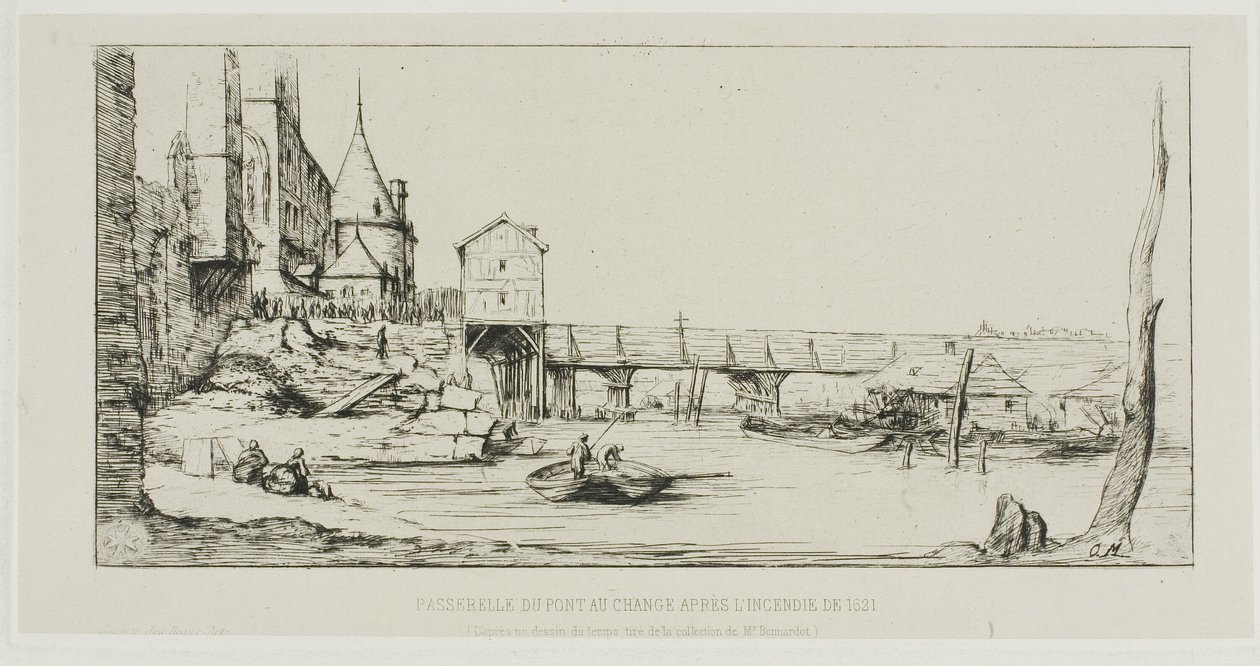 A gyaloghíd ideiglenesen felváltja a Pont-au-Change-ot, Párizs, az 1621-es tűzvész után alkotó: Charles Meryon