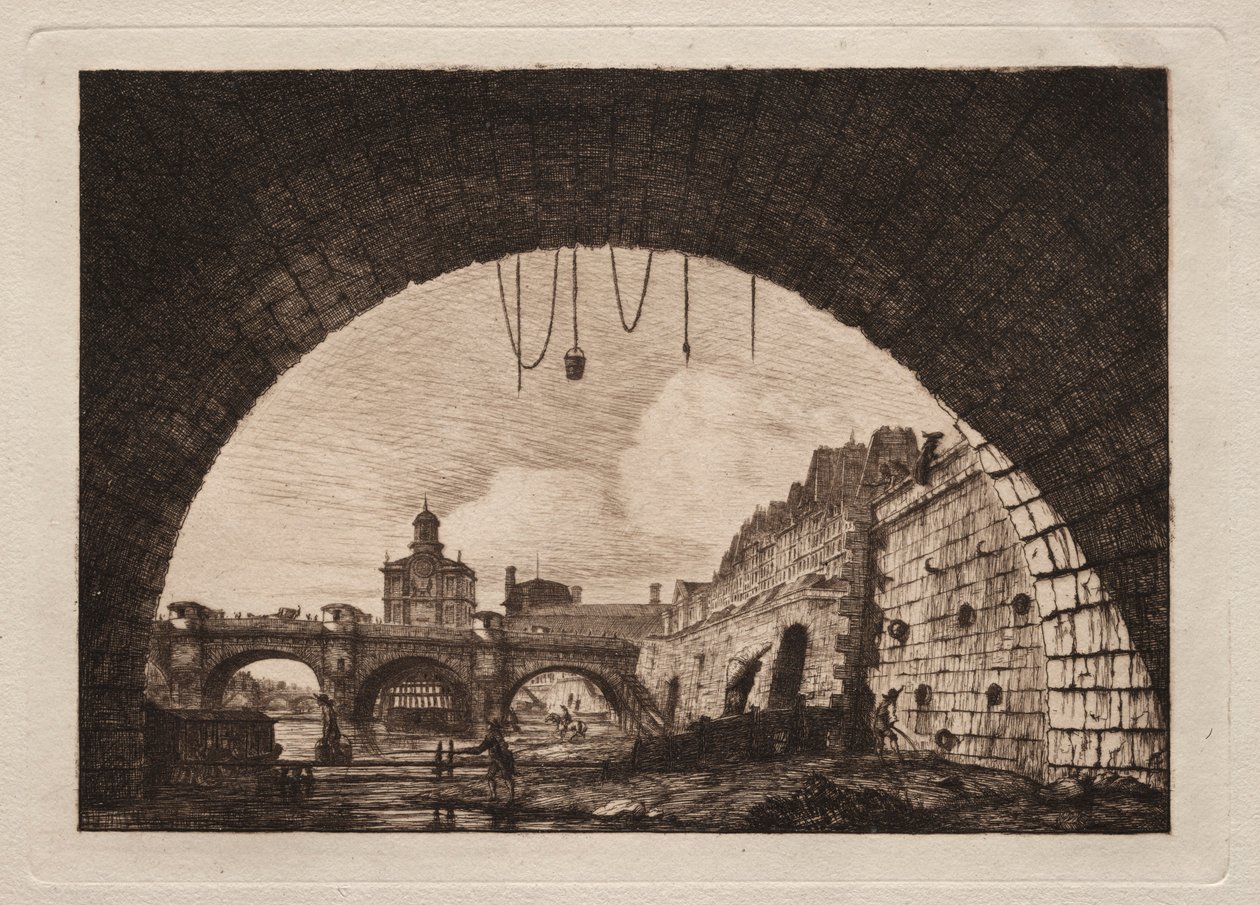 Az Új híd és a Szamaritánus az első boltív alól nézve..., 1855. alkotó: Charles Meryon