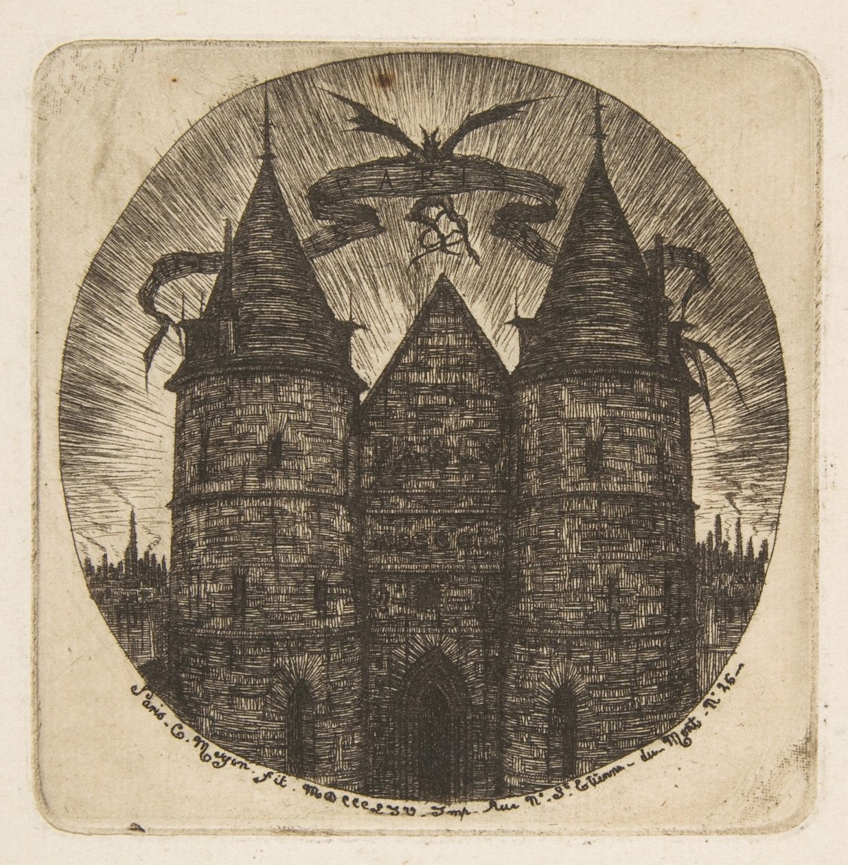 A párizsi Palais de Justice régi bejárata, az „Etchings of Paris” című mű címlapképe alkotó: Charles Meryon