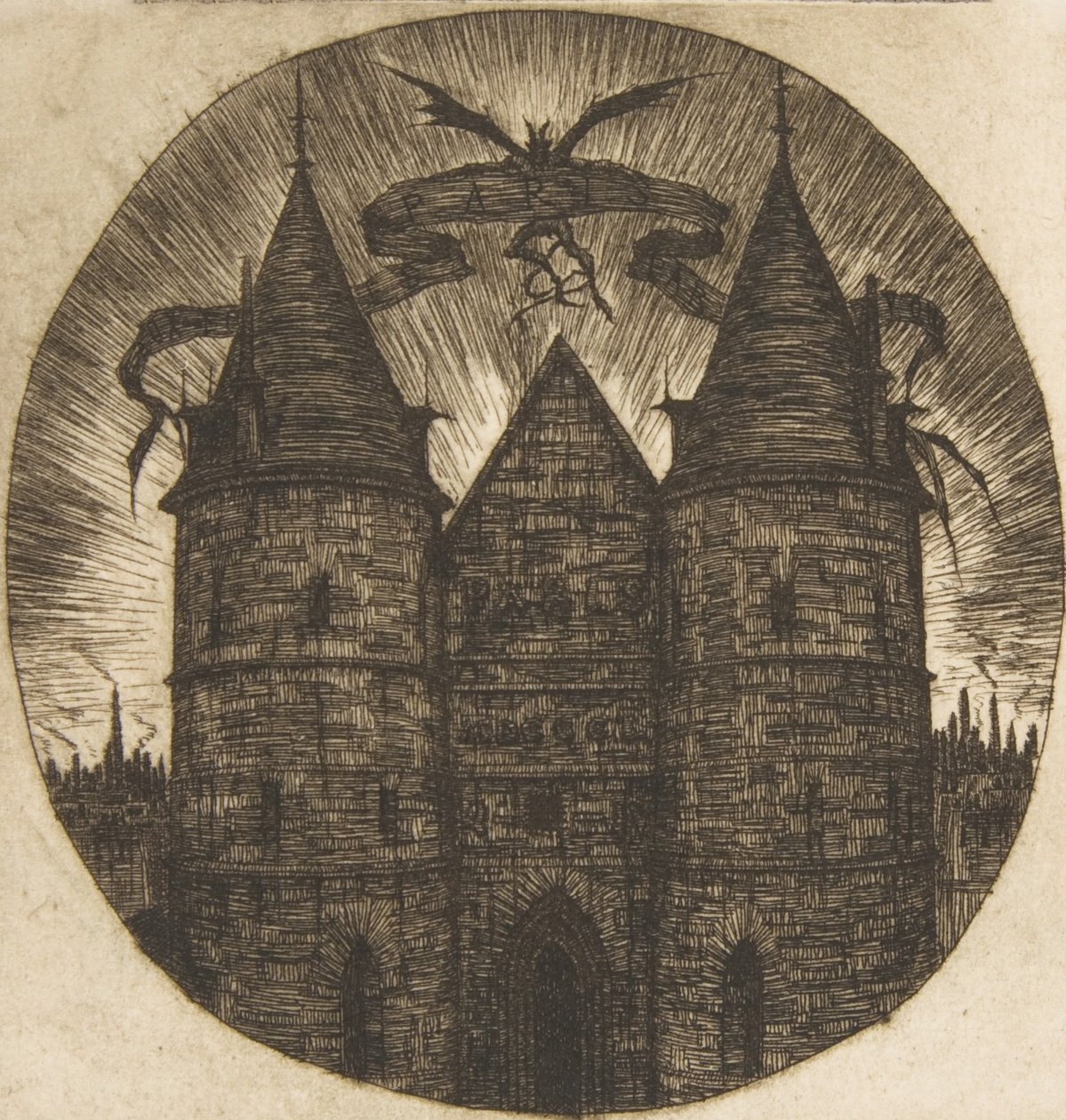 A Palais de Justice régi kapuja, Párizs, 1854. alkotó: Charles Meryon