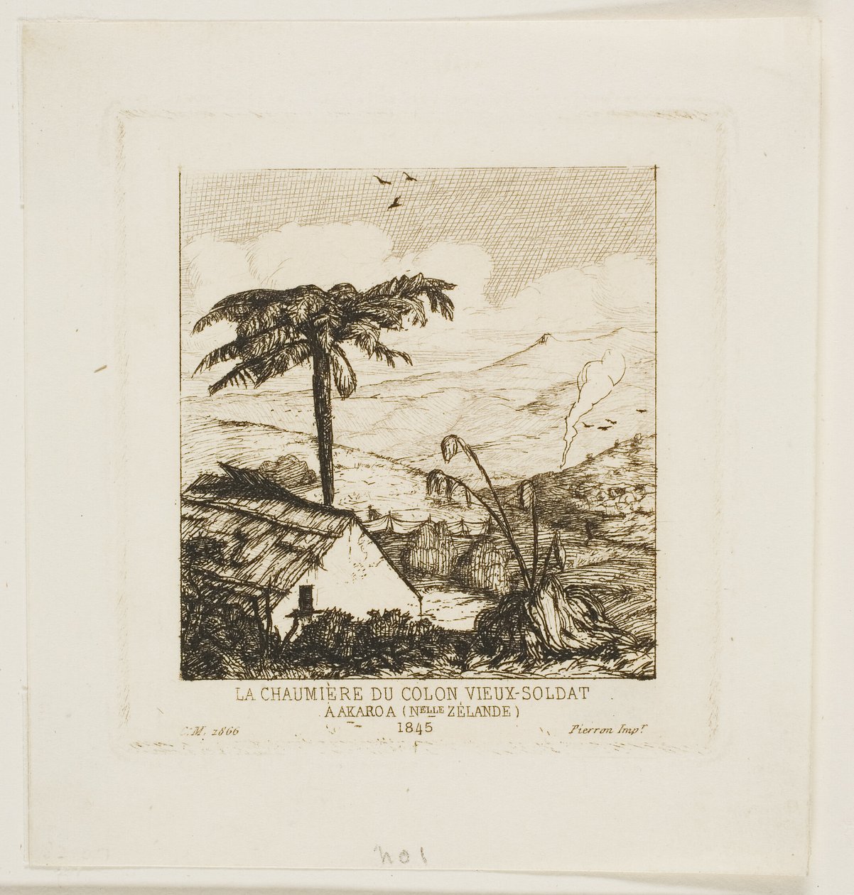Az öreg katona tetőfedő háza, Akaroa, 1845 alkotó: Charles Meryon