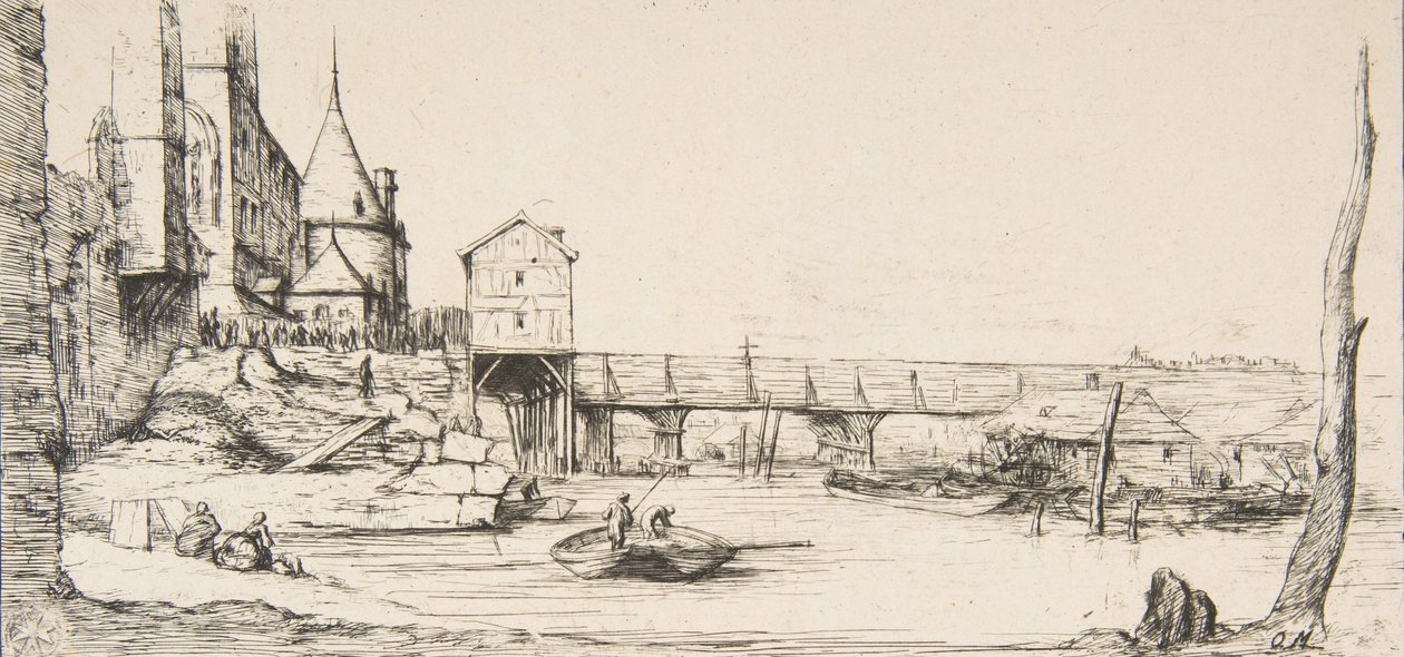 A párizsi Pont-au-Change-ot ideiglenesen felváltó gyaloghíd az 1621-es tűzvész után, af..., 1860. alkotó: Charles Meryon
