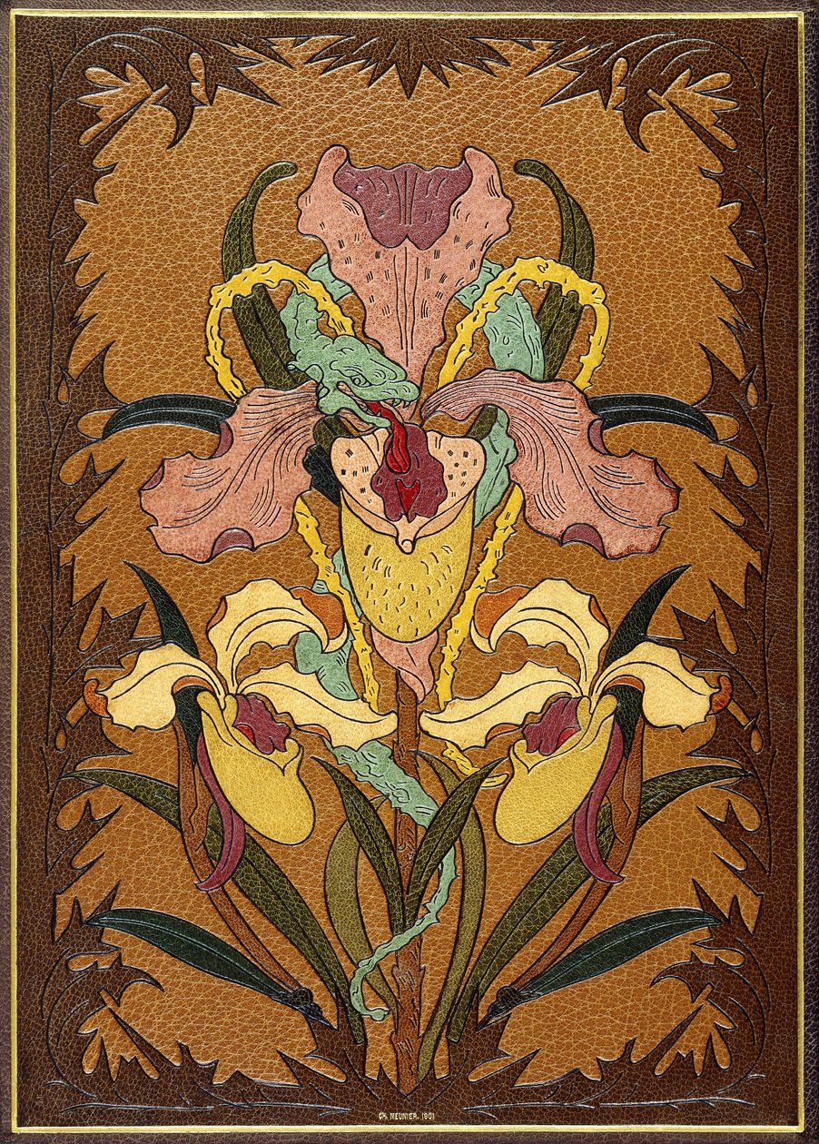 Bélés Charles Baudelaire „Les Fleurs du Mal” című művéből, amely egy írisz köré fonódó kígyót ábrázol alkotó: Charles Meunier