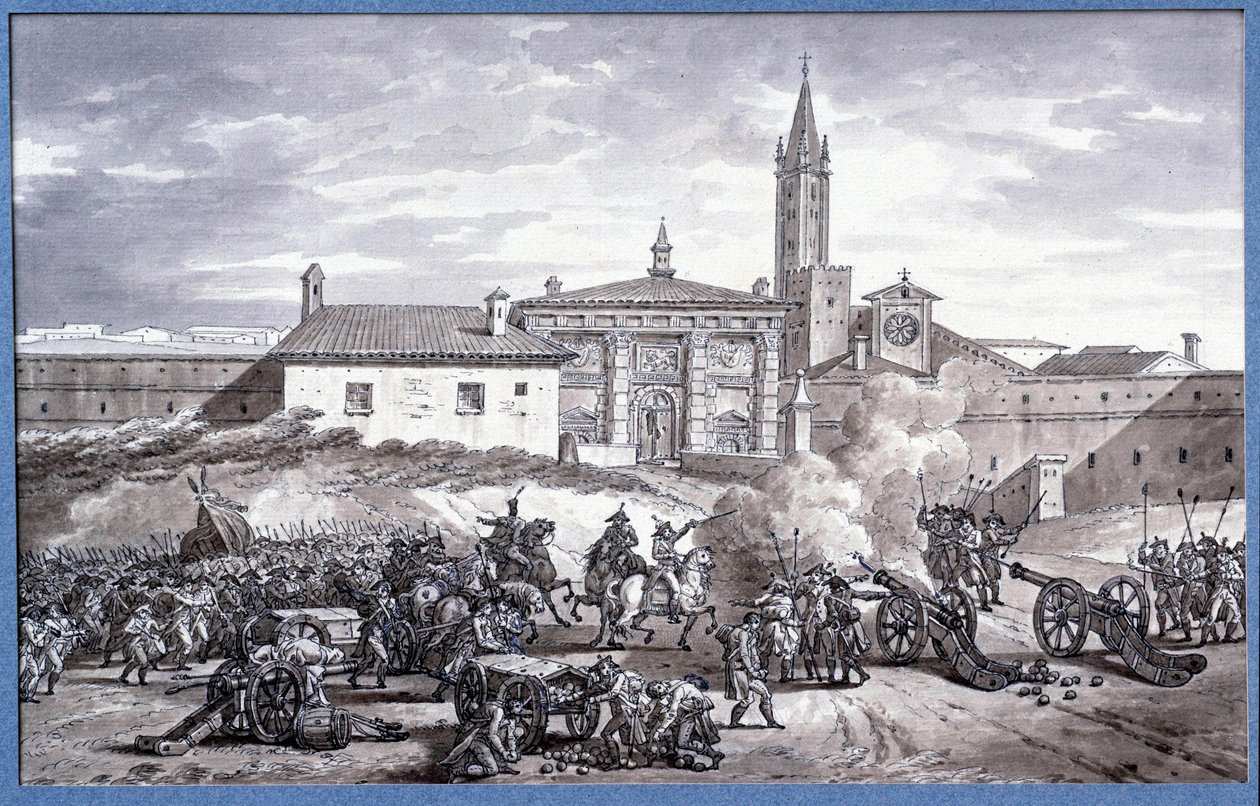 Itáliai hadjáratok: „” Napóleon Bonaparte (1769-1821) és marechal Augereau 1796-ban ágyúval kitűzte az olaszországi Verona kapuját””” Rajz a Charles Meynier-nek (1768-1832) tulajdonított tollban. Homályos. 0,25x0,4 m. Párizs, Louvre Múzeum alkotó: Charles Meynier