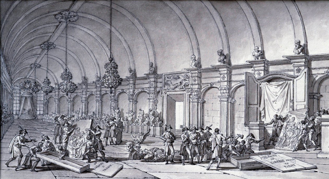 A műalkotások kifosztása Bonaparte Napóleon alatt: „A Correge-i Madonnát (Antonio Correggio) a pármai Akadémiáról vették át, és 1796 májusában adták át a francia kurátoroknak”. Charles Meynier (1768-1832) rajza kínai tintával. Homályos. 0,17x0,32 m alkotó: Charles Meynier