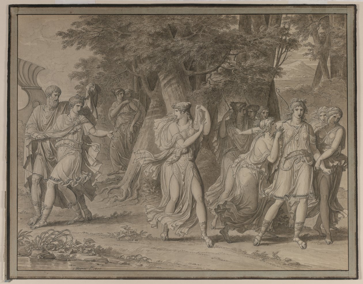 Telemachus, mentor ösztönzésével, elhagyja Calypso szigetét alkotó: Charles Meynier