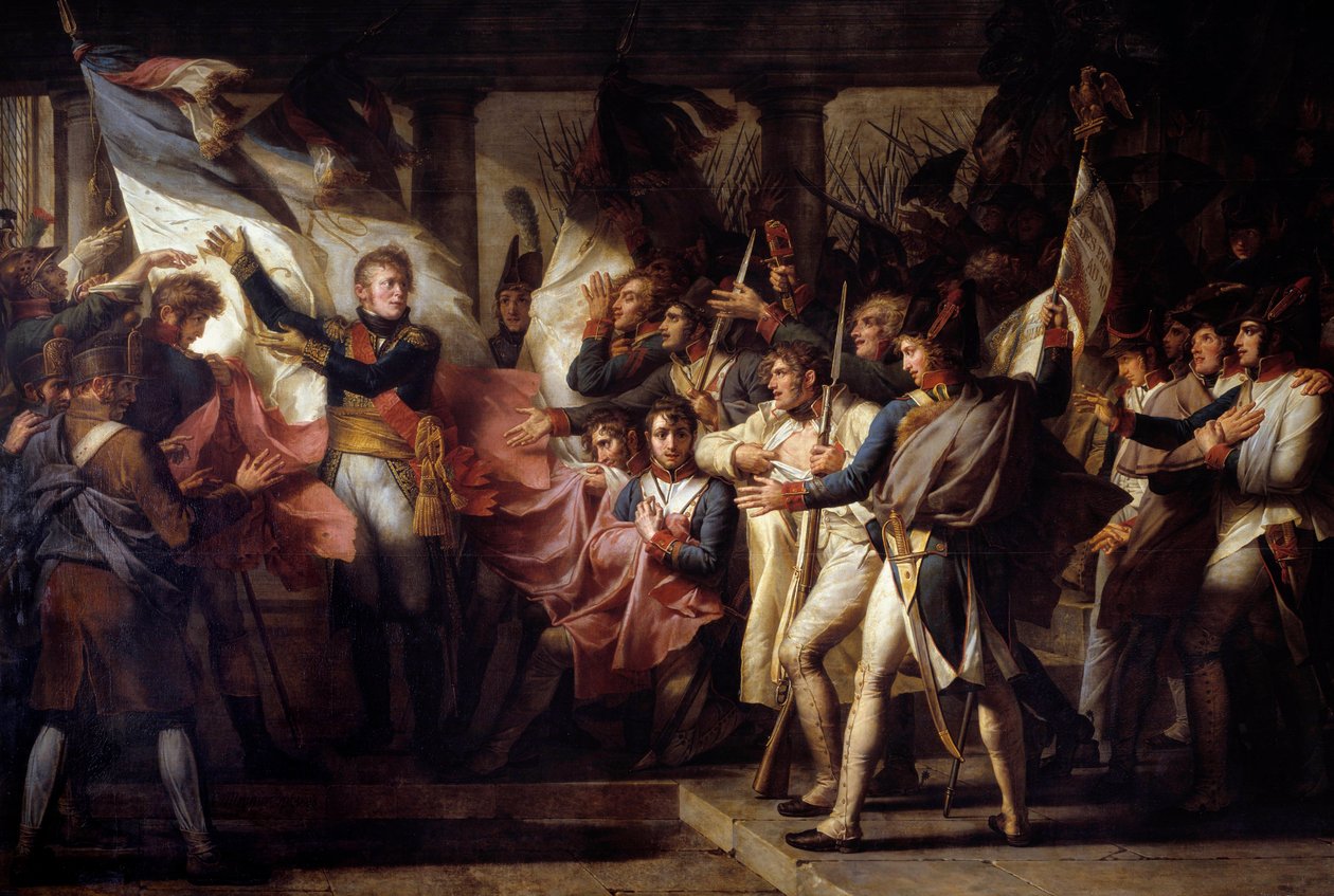 A Marechal Michel Ney (1769-1815) átadta a 76. sorezred katonáinak, zászlóikat a napóleoni hadsereg és Ausztria közötti elchingeni csatát követő 1805. 11. 07-i epizódban találták meg. Charles Meynier (1768-1832) festménye 1808 V. 3 alkotó: Charles Meynier