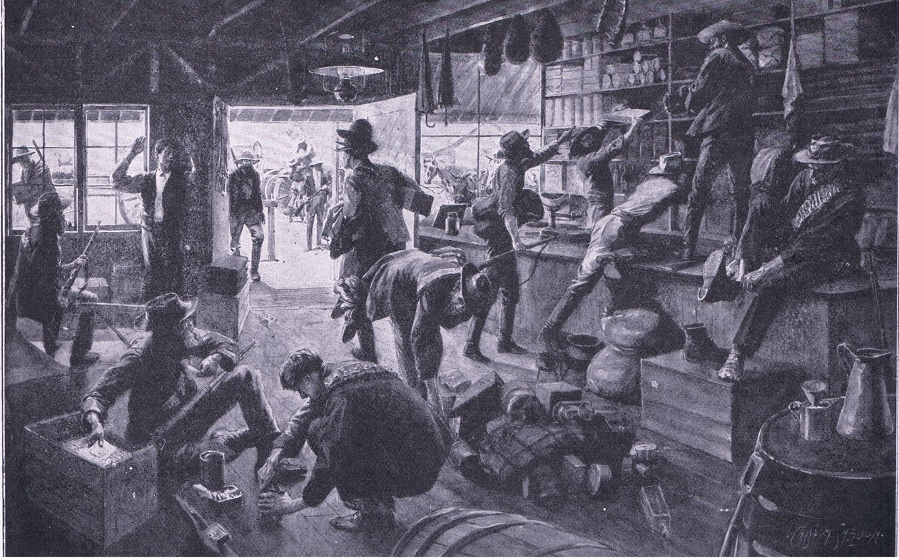 Búrok kifosztanak egy üzletet a Grange River ingatlanban, illusztráció az After Pretoria: The Guerilla War, 1902-ből alkotó: Charles Mills Sheldon