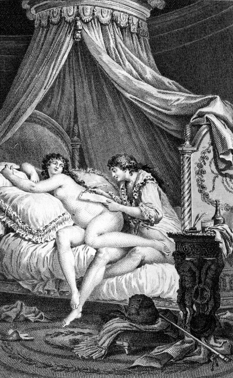 Illusztráció Choderlos de Laclos „Veszélyes kapcsolataihoz”. Charles Monnet (1732-1808) metszete: Valmont levelet ír Emilie (egy udvarhölgy) hátára. alkotó: Charles Monnet