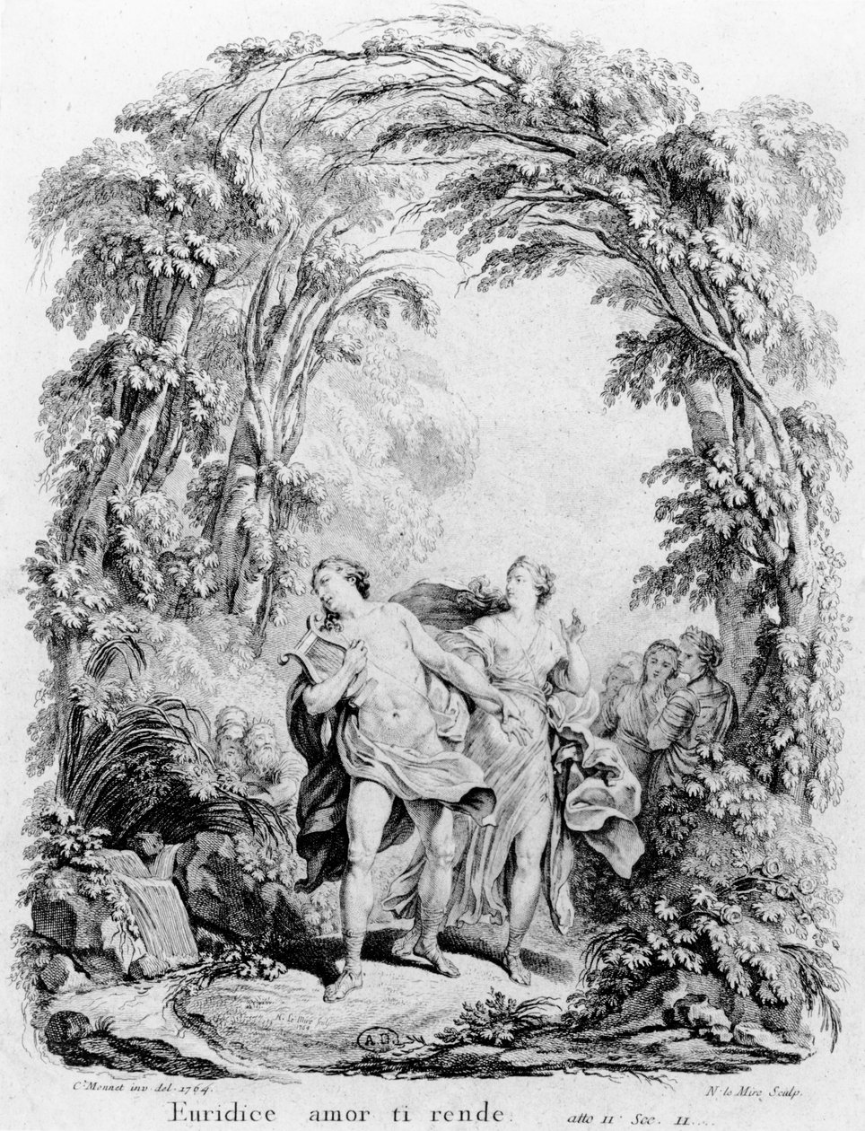 Orpheus kivezeti Euridikét a pokolból, illusztráció Christoph von Gluck (1714-87) „Orpheus és Eurydice” című operájához alkotó: Charles Monnet
