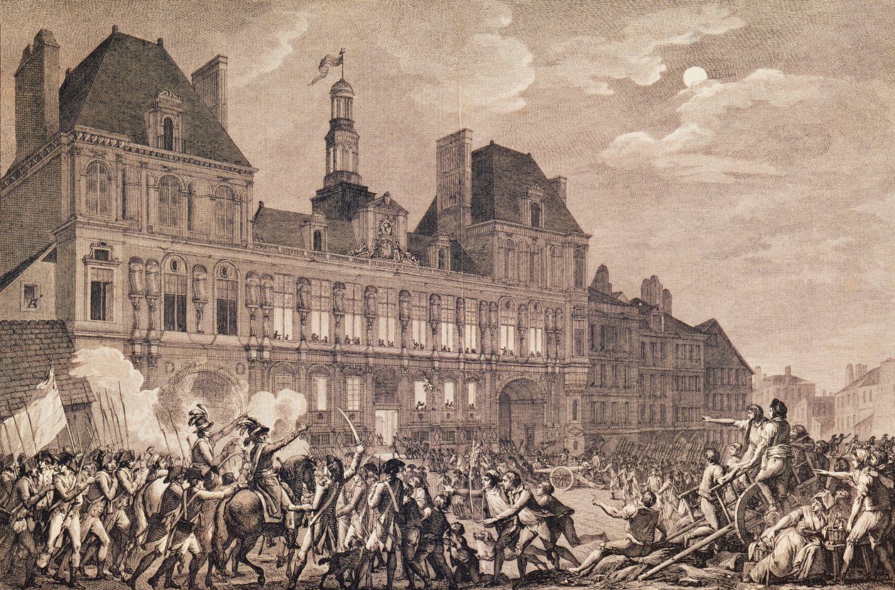 Robespierre, Saint-Just, Couthon és Hanriot a párizsi Hotel-de-Ville-ben keresnek menedéket, 9 Thermidor II. év (1794. július 27.) 1800 alkotó: Charles Monnet