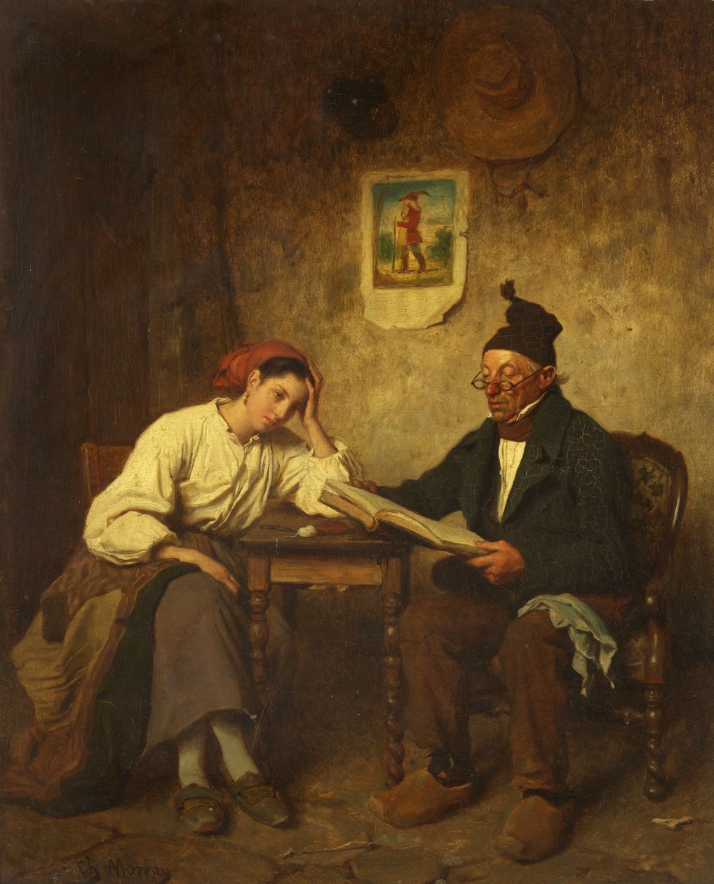 Apa és lánya (olaj a panelen) alkotó: Charles Moreau