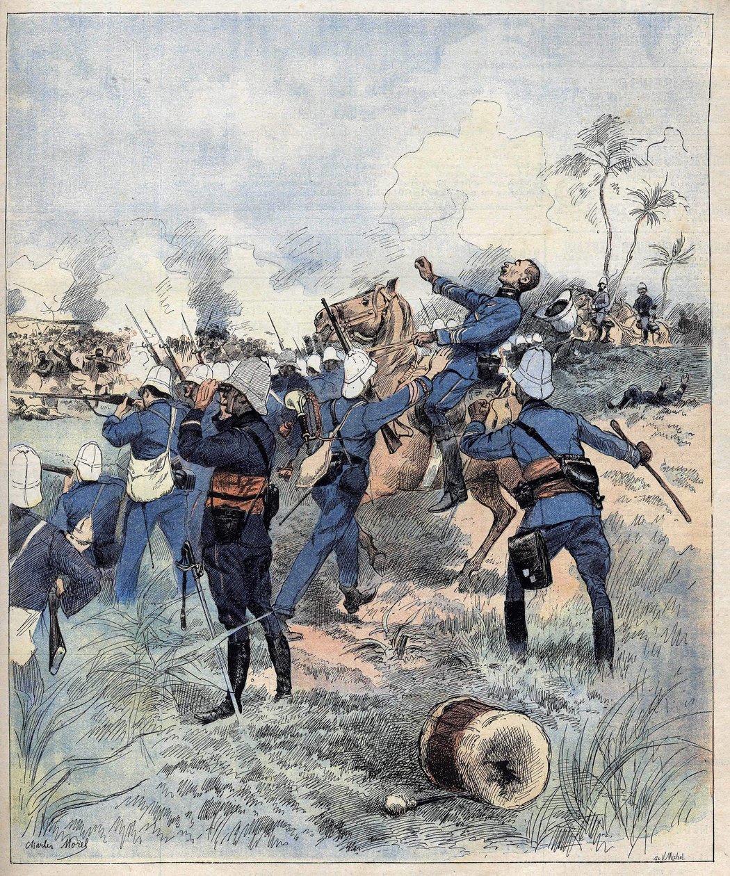 Faurax parancsnok 1892. szeptember 19-én a Dogba-i csatában halt meg Dahomeyben (ma Benin) az 1892-es aquerelle de Morel után. alkotó: Charles Morel
