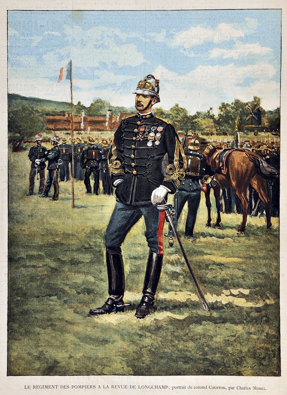 A Fire Regiment birtokában van a Longchamps folyóirat (Couston ezredes portréja), Charles Morel (1861-1908) illusztrációja. Metszet 1887-ből a „” Paris-Illustrous folyóirat hetilapjában”. alkotó: Charles Morel