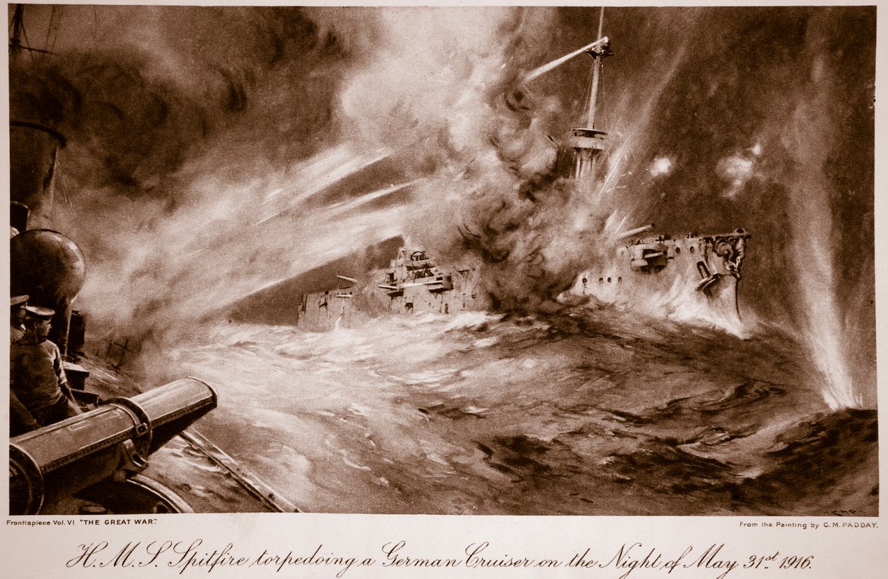A H.M.S Spitfire megtorpedózott egy német cirkálót május 31-én éjjel alkotó: Charles Murray (after) Padday