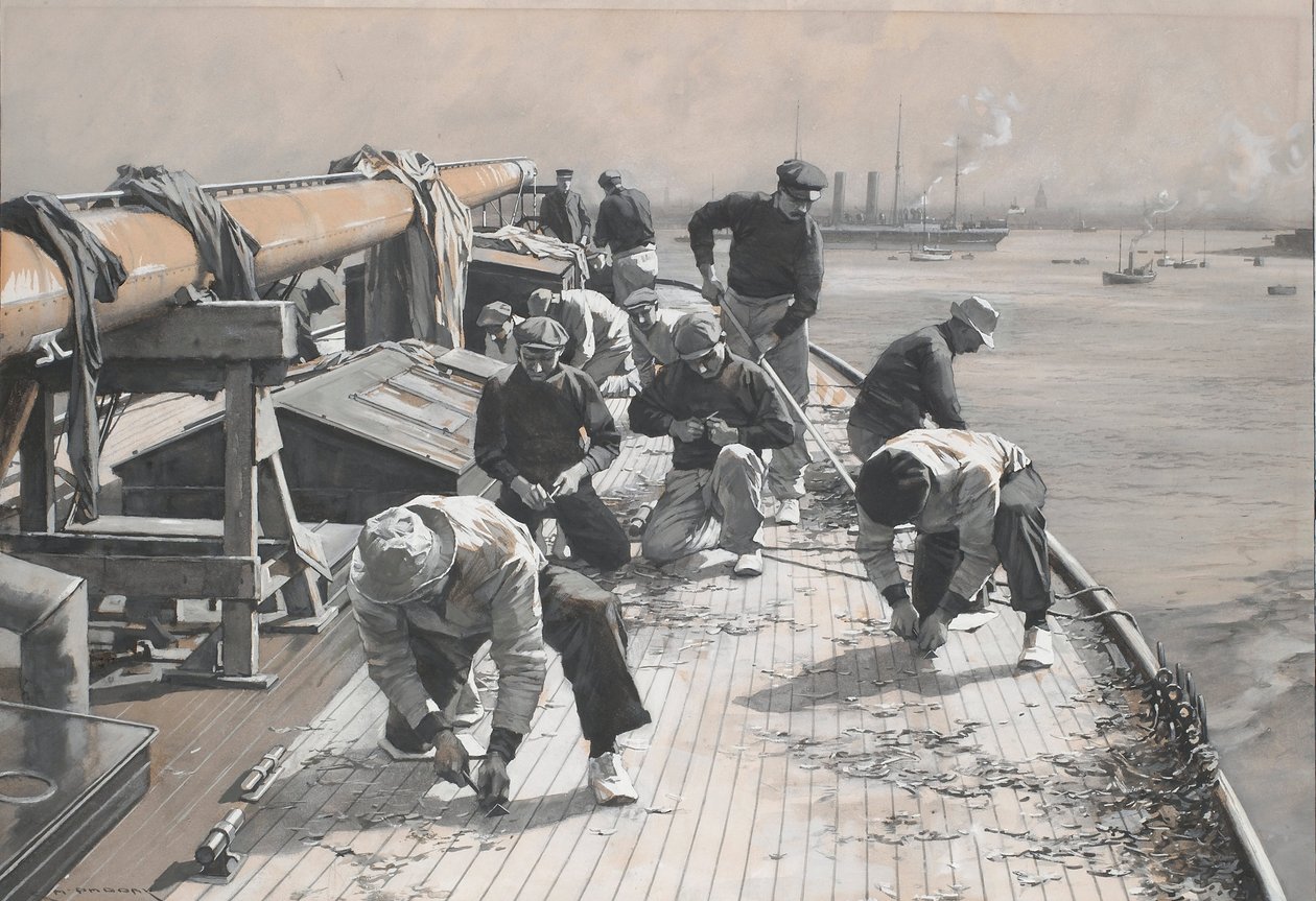 Egy 23 méteres versenyhajó építése, a Brynhild híd kaparása. Rajz és tus (35x47,9 cm), készítette Charles M. Padday () , 20. század eleje. alkotó: Charles Murray Padday