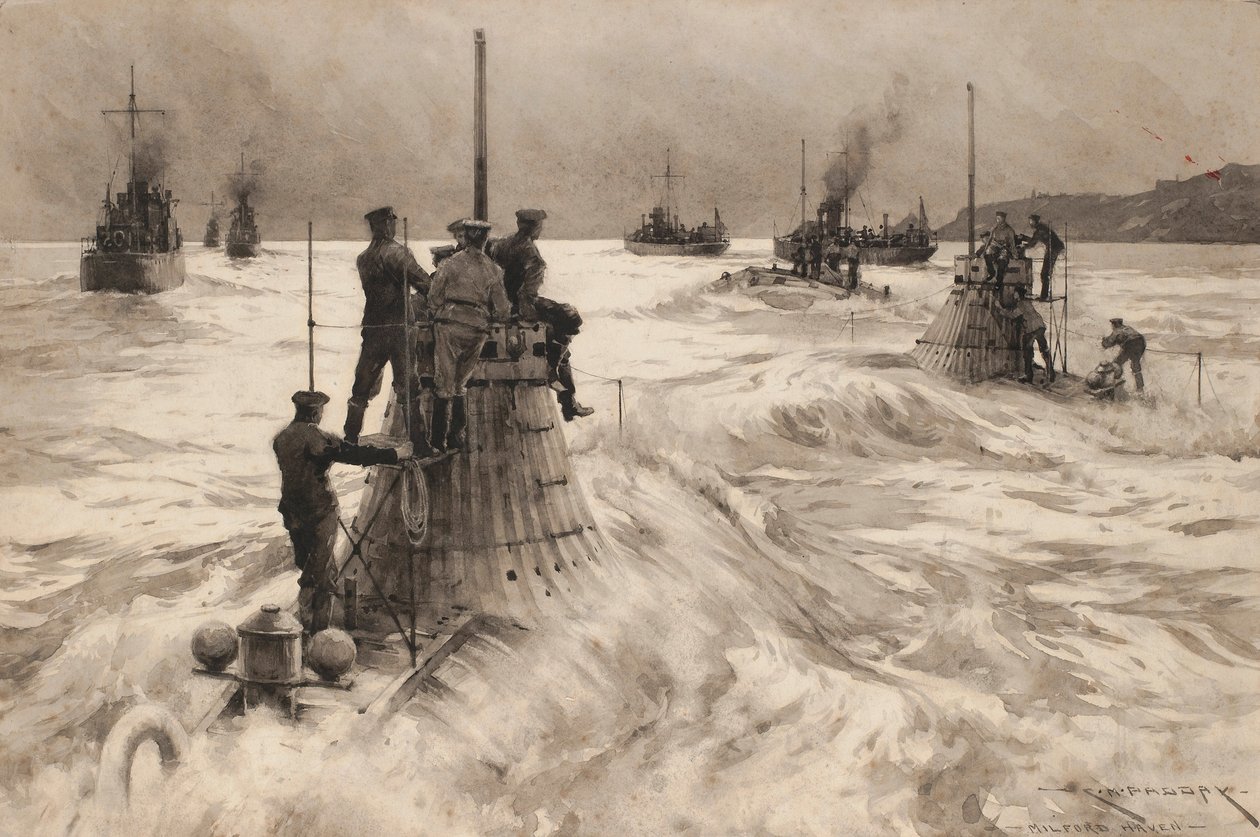 Új brit tengeralattjárók hagyják el Milford Havent (Anglia), hogy bevetésre induljanak. Rajz és tus (30,4x45,5 cm), készítette Charles M. Padday () , 20. század eleje. alkotó: Charles Murray Padday