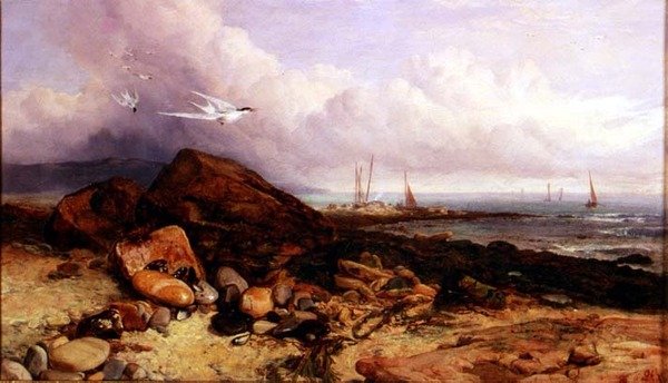 Partmenti jelenet horgászcsónakkal és csérekkel alkotó: Charles Napier Hemy