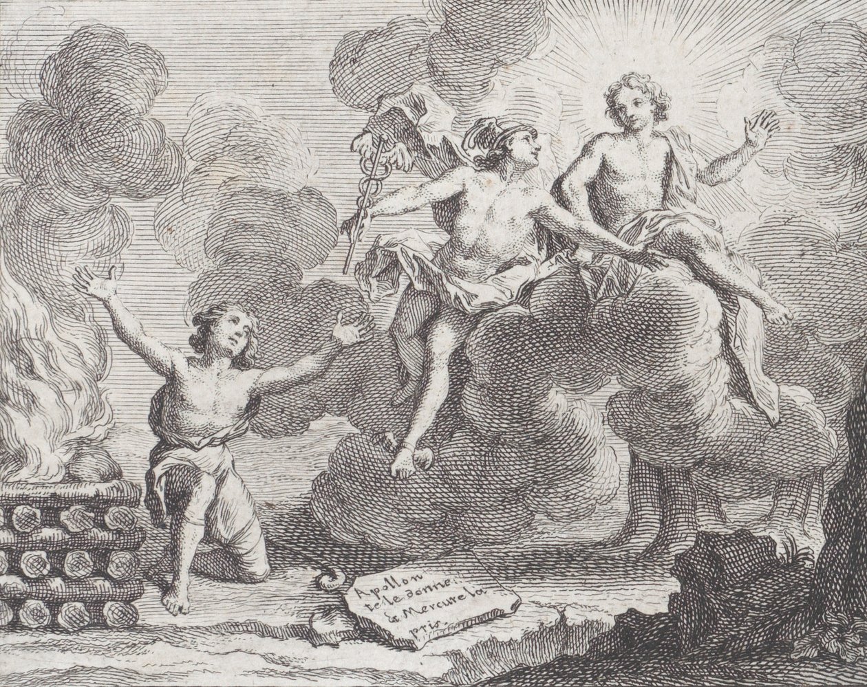 Apollón, Merkúr és a pásztorlányok, X. Fable in La Motte, Fables Nouvelles, 1719., 1719. alkotó: Charles Nicolas Cochin