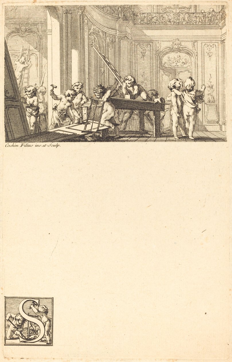Putti egy kastély belső dekorációját készíti elő alkotó: Charles Nicolas Cochin II