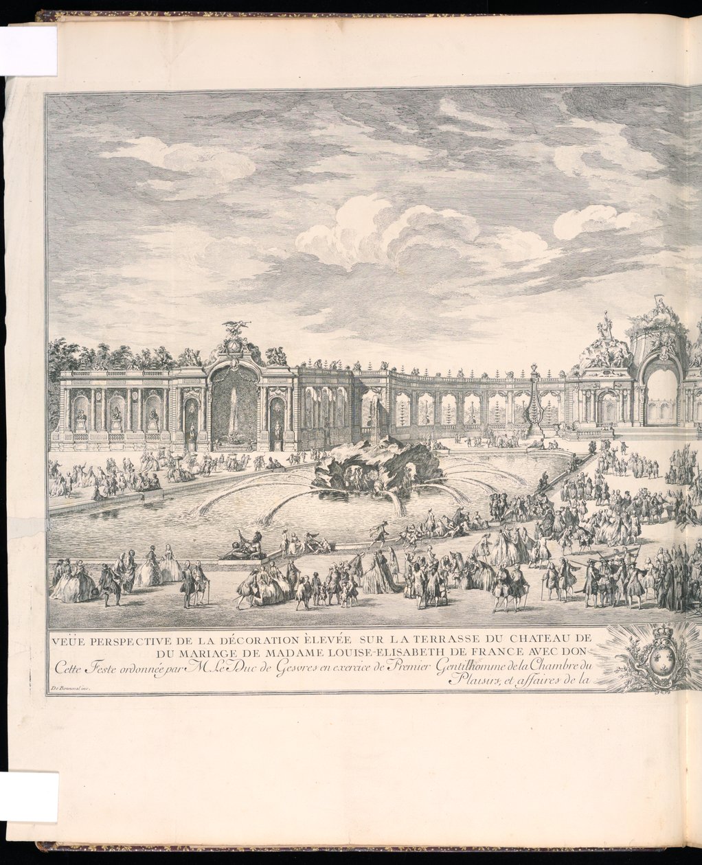 Kötött nyomtatás, Veüe perspektívája a Versailles-i palota teraszán a világításhoz és a tűzijátékhoz emelt díszítésről, amelyet Madame Louise-Elisabeth francia házassága és Don Philippe Second Jnfant d 