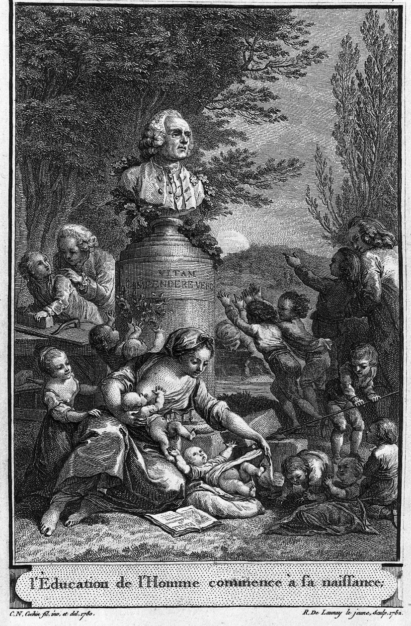 Az emberi nevelés a születéskor kezdődik. Jean Jacques Rousseau Frontispice (1782), amelyet Robert Delaunay a fiatal (1749-1814) metszett Charles Nicolas Cochin ifjú (1715-1790) rajza (1780) nyomán az író mellszobrával. alkotó: Charles Nicolas II (after) Cochin