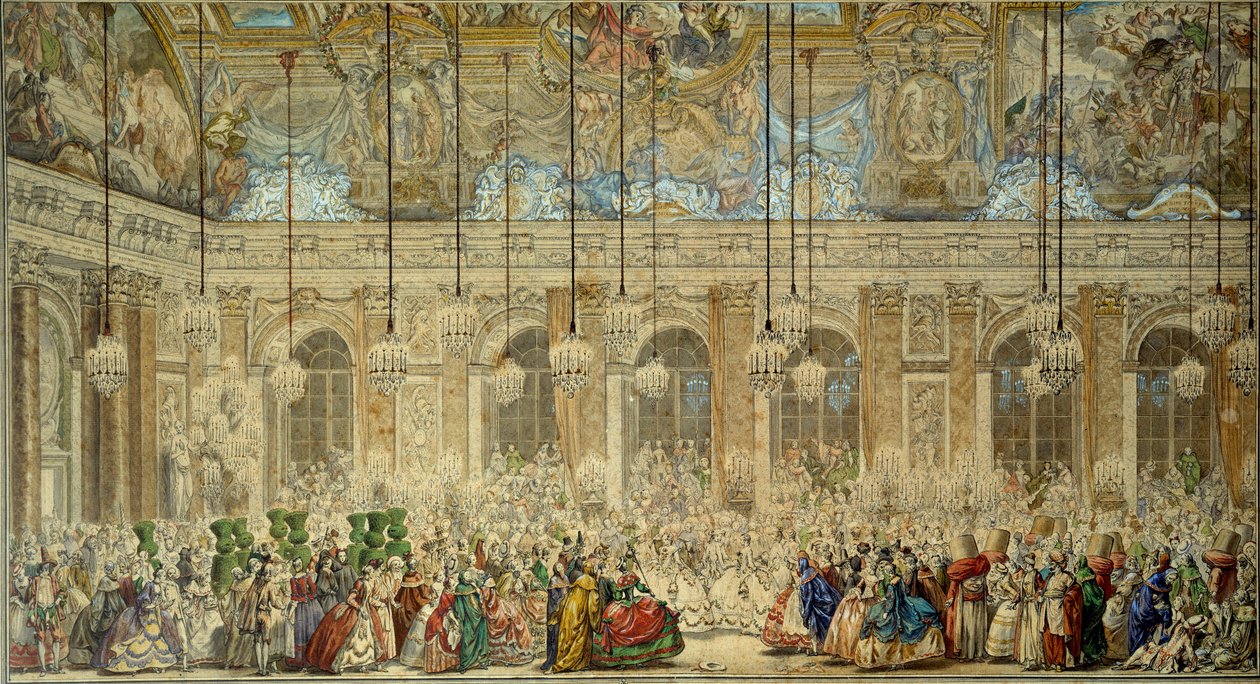 Bálmaszkot vagy Ifs labdát ajándékoz a francia Louis Dauphin (1729-1765) és a spanyol Marie Therese (Marie-Therese) esküvőjére a versailles-i Glace Galériában 1745 februárjában Charles Nicolas Cochin rajza tollal és tussal Jeune (1715-1790) alkotó: Charles Nicolas II Cochin