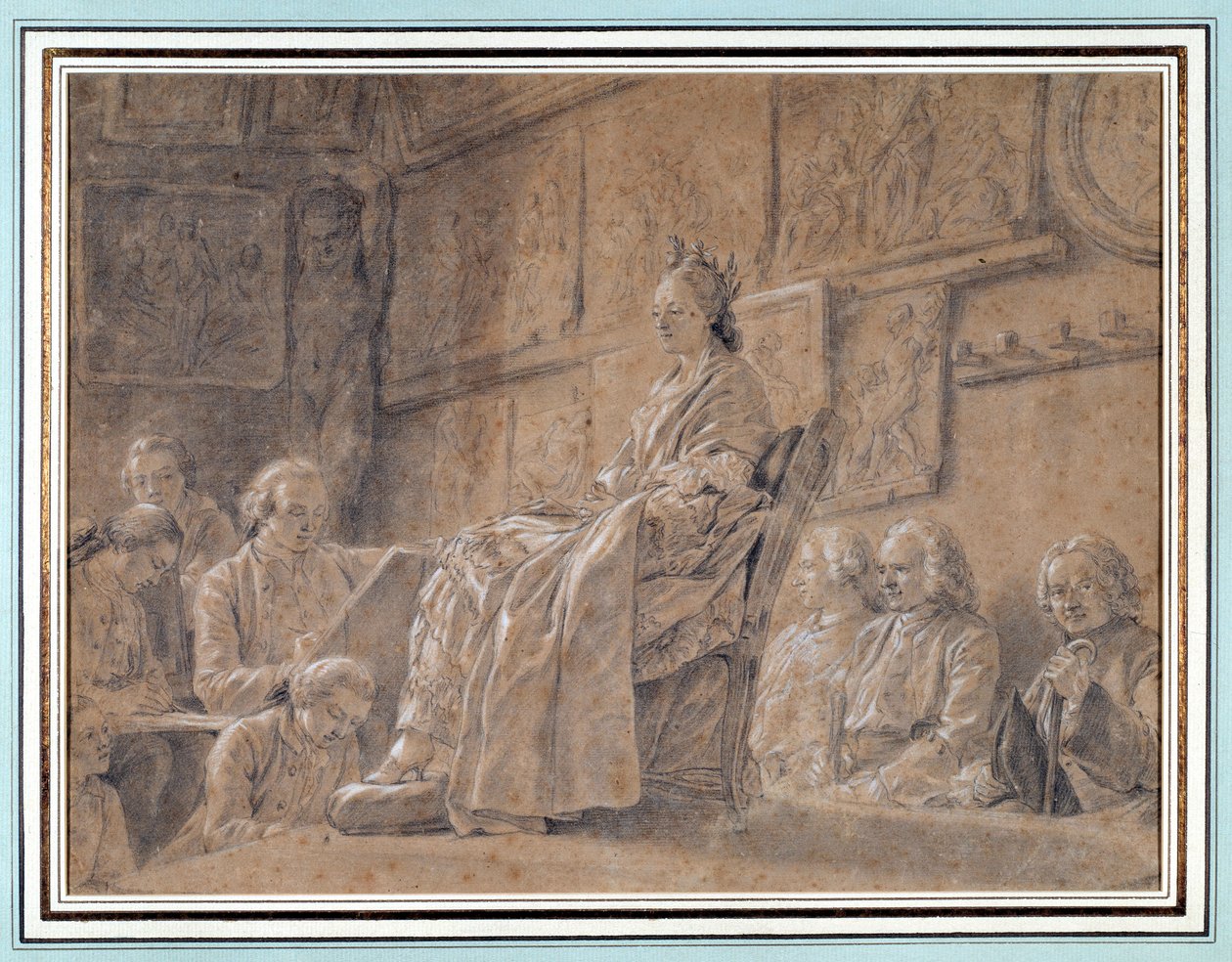 Verseny a kifejezés fejének átvételéért Különböző művészek egy karosszékben ülő modellt ábrázoló műhelyben. Rajza Ch. Nicolas Cochin (1715-1790) 1763 Párizs. Carnavalet Múzeum alkotó: Charles Nicolas II Cochin