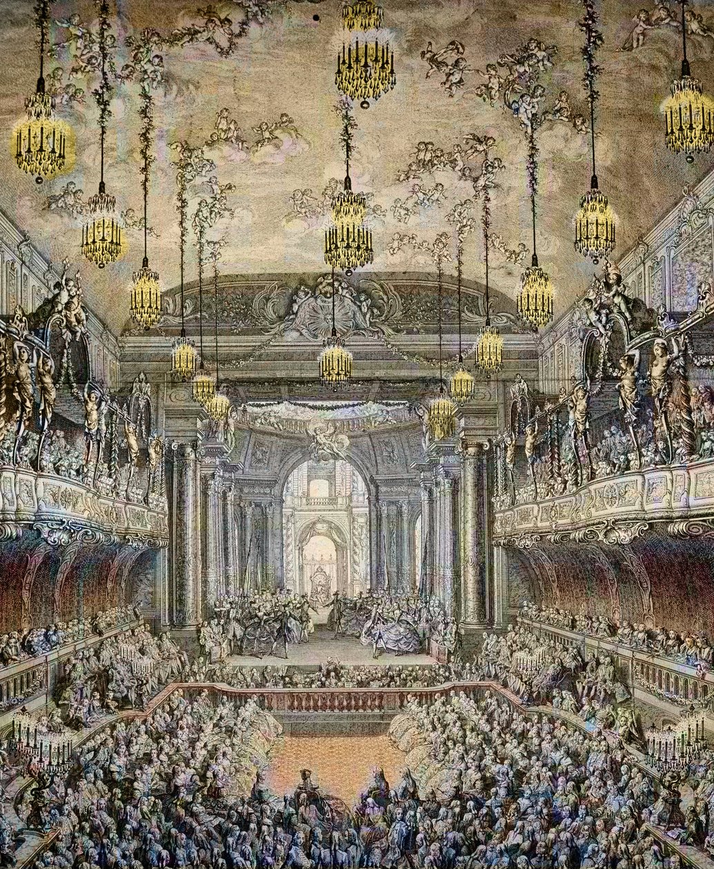 A „Navarra hercege”” című balettvígjáték bemutatása Versailles-ban, a francia Louis Dauphin és a spanyol Marie Therese (Marie-Therese) (1726-1746) házassága alkalmából Versailles-ban február 23-án. alkotó: Charles Nicolas II Cochin