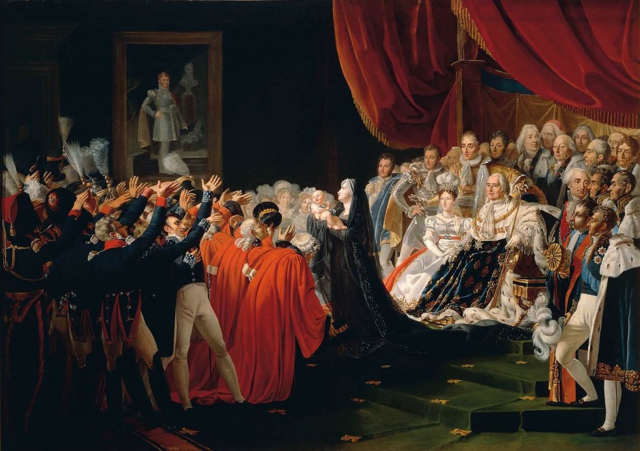 Franciaország, Versailles, Berry hercegné bemutatja a bordeaux-i herceget a bámészkodóknak alkotó: Charles Nicolas Raphael Lafond