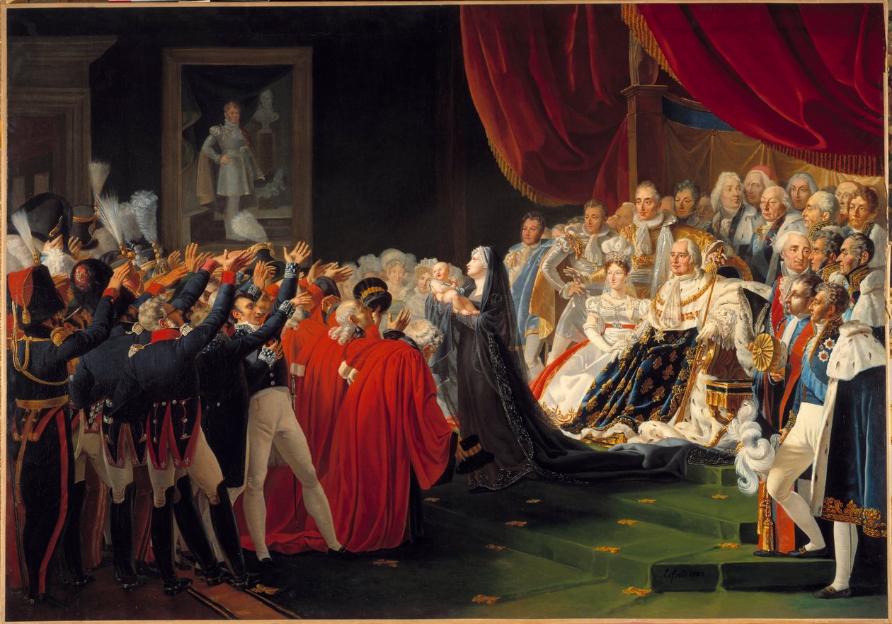 Berry hercegné bemutatja fiát, Bordeaux hercegét a népnek és a hadseregnek: Marie Caroline de Bourbon Sicily, Berry hercegnője bemutatja fiát, Bordeaux hercegét a népnek és a hadseregnek XVIII. Lajos király jelenlétében, körülveszi alkotó: Charles Nicolas Raphael Lafond