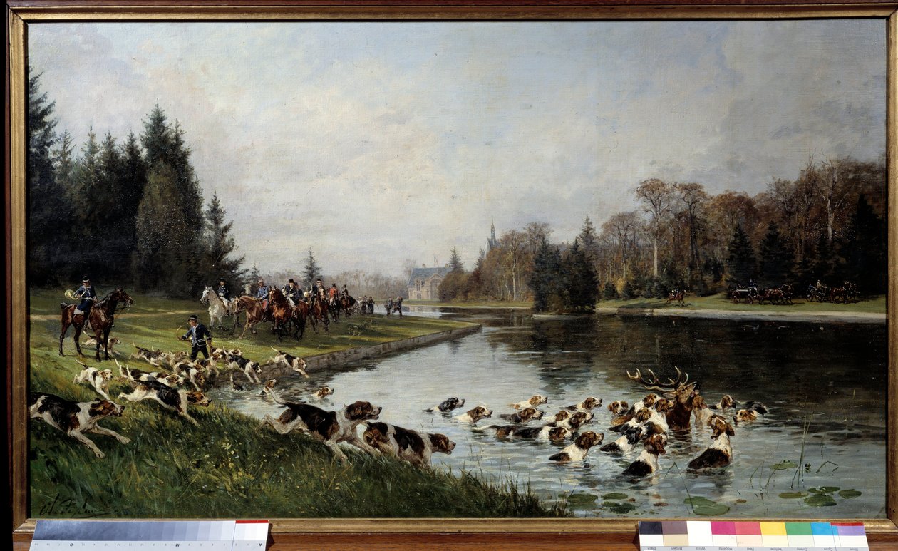 Vadászat: „” A szarvas hallalija a Sulvie-tónál, Aumale hercegének vadászata”” Charles Olivier de Penne (1831-1897) festménye 1880 V. 0,77x1,33 m Chantilly, Conde múzeum - Vadászat vadászkutyára: Szarvasok halloói a Sulvie tavánál, vadászat alkotó: Charles Oliver de Penne