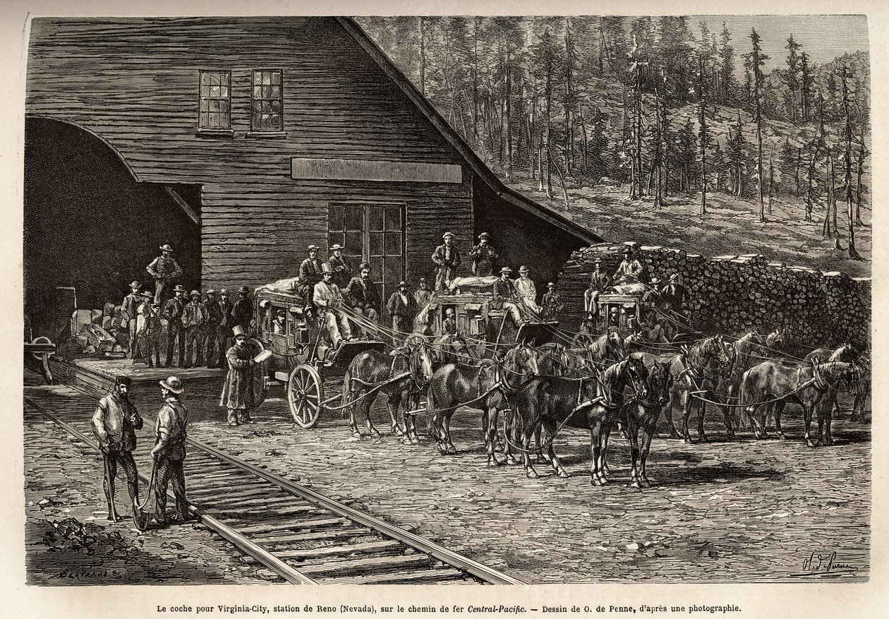 A Reno állomás Virginia City (Nevada) felé, a Central Pacific Railway (Central Pacific) vonalán, amelyet O. de Penne rajza után vésett, amely a Washingtonból San Franciscóba tartó utazást illusztrálja 1868-ban, L. Simonin, megjelent a „Le t alkotó: Charles Oliver de Penne