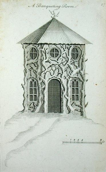 Bankettterem, az 1758-ban kiadott "Díszes építészet a gótikus, kínai és modern ízlés szerint" című könyvből (metszet). alkotó: Charles Over