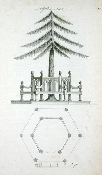 Egy gótikus ülés, a „Díszépítészet a gótikus, kínai és modern ízlés szerint”, 1758-ban (metszet) alkotó: Charles Over