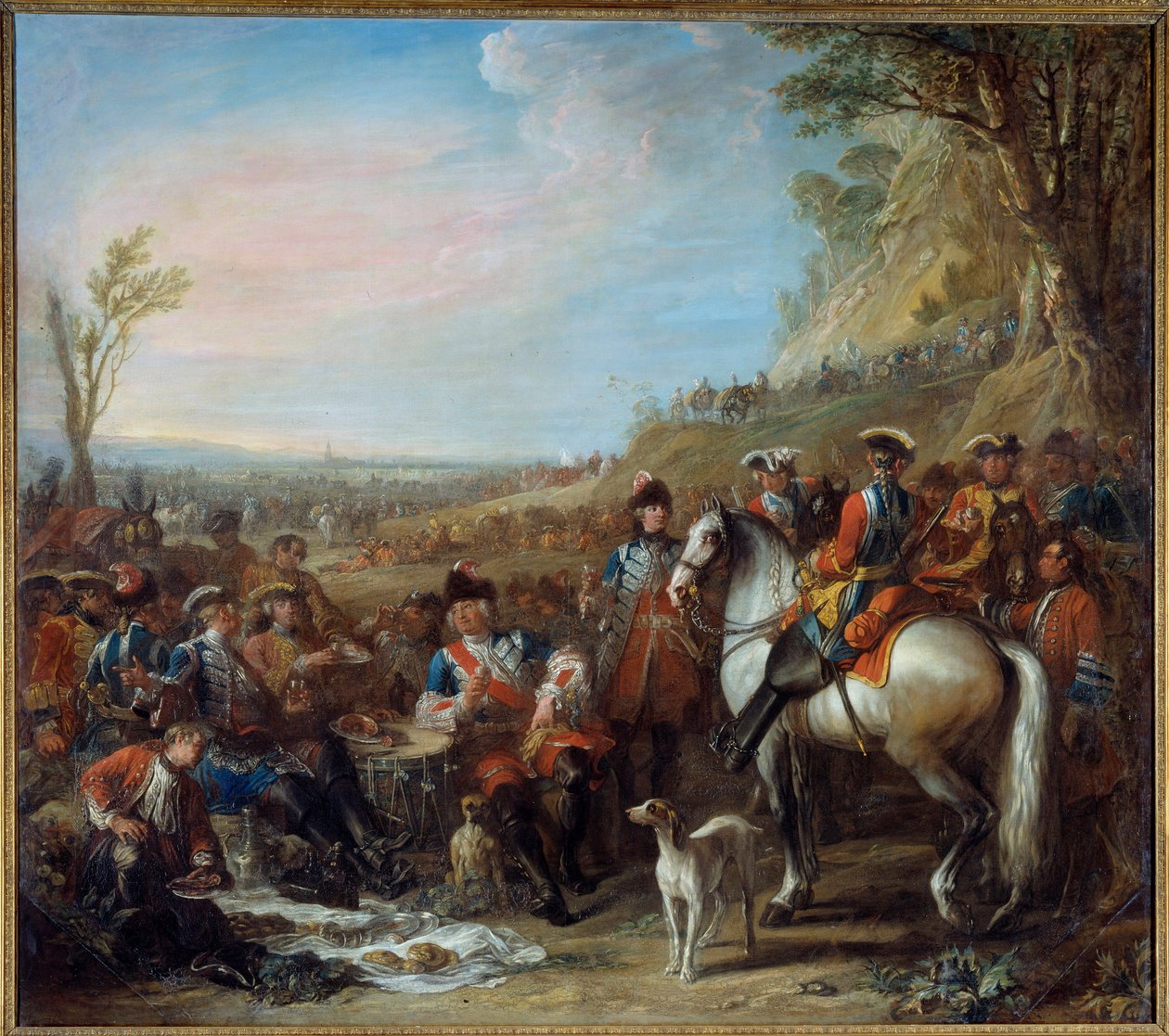 Gránátosok megállítása lóháton a királyházból (1734). Középen Monsieur de Creil, parancsnok. Charles Parrocel festménye (1688-1752) alkotó: Charles Parrocel